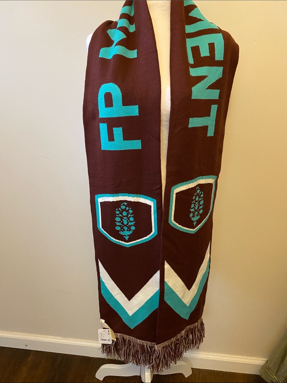 FP Movement by Free People Brown and Teal Woven Scarf with Shield Motifs